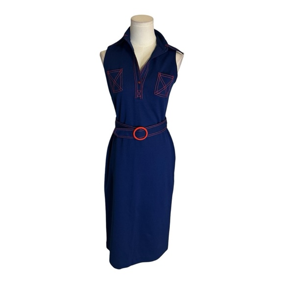 VINTAGE RENOWN Blue Red Midi Dress Belt Size S M 70’s 60’s Sleeveless Party Work - Picture 7 of 7